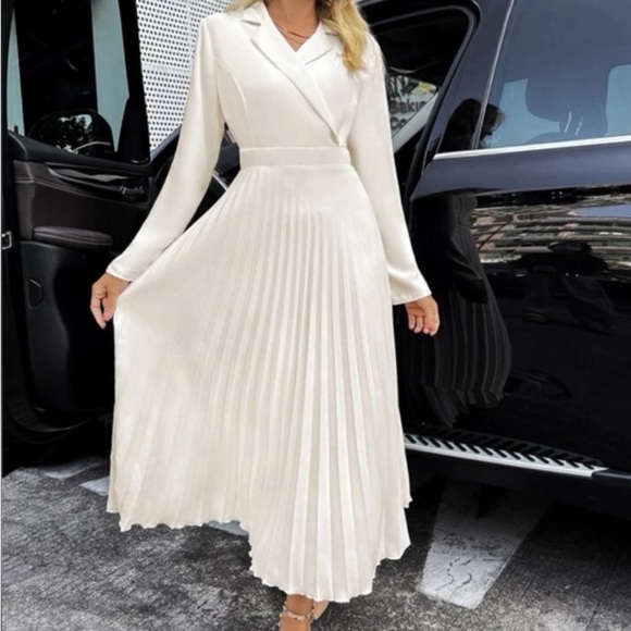 New, Beige Lapel Collar Pleated Hem Dress, Size Large - Picture 2 of 16